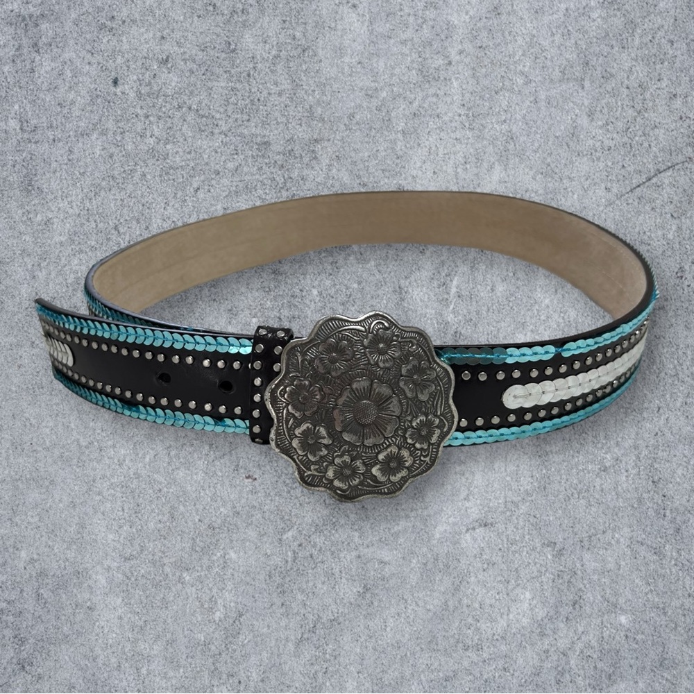 Genuine Leather Sequined Studded Belt Silver Buckle Size Large Boho Western